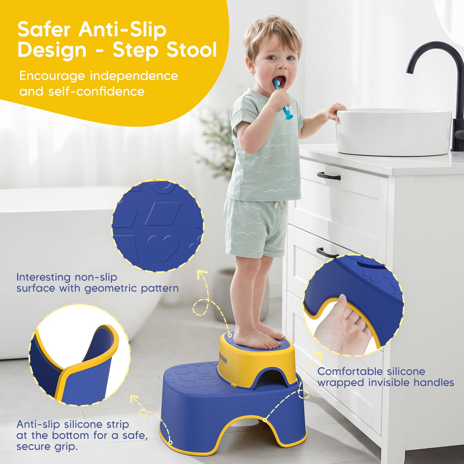 Rehausseur Toilette Enfant avec 2 Marches Pied Transportable, Reducteur Toilette de 1 à 8 Ans garçons et Filles, Coussin Anti-éclaboussures Reducteur de WC avec Marche Pied Bébé (Bleu-Jaune)