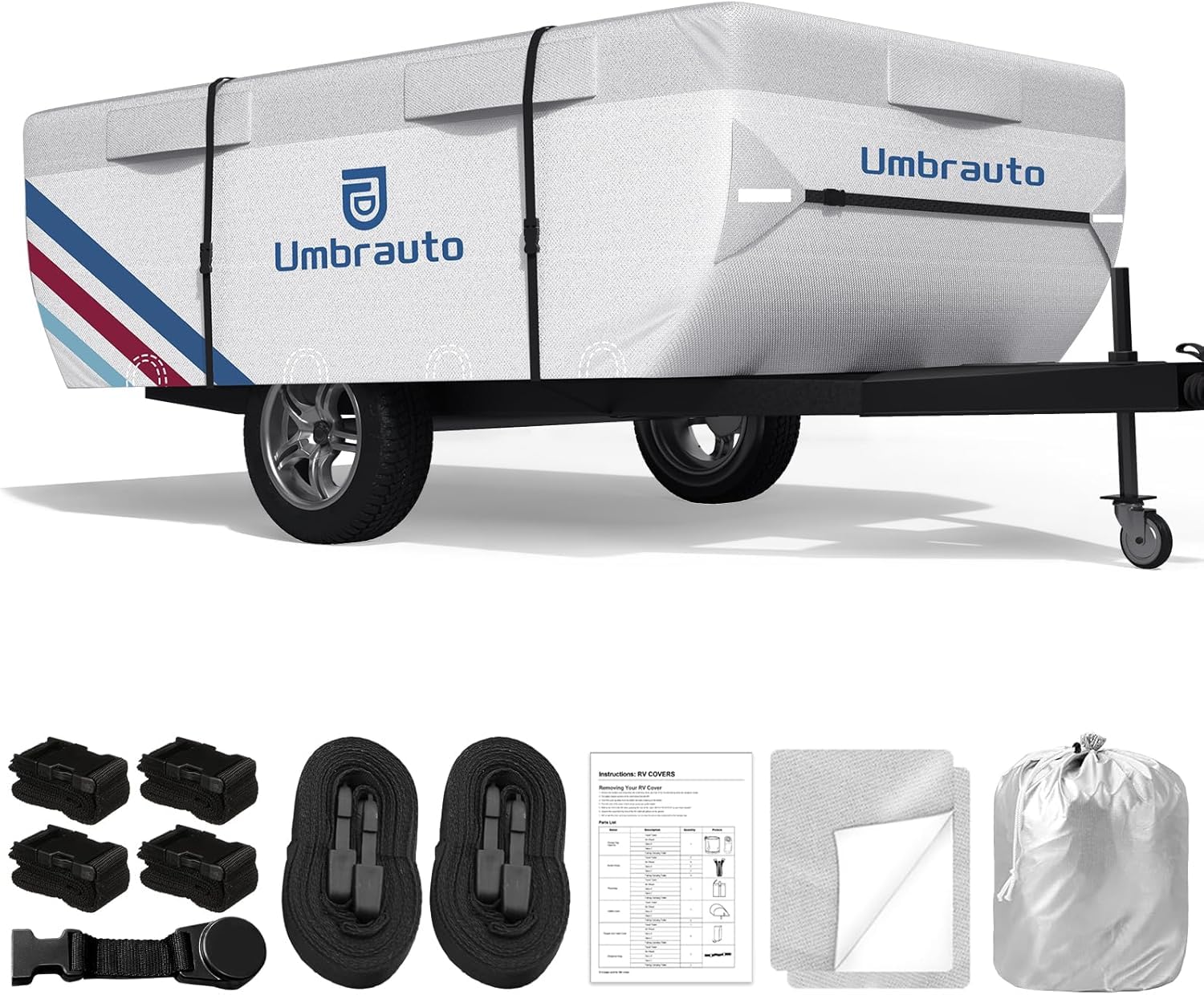 Umbrauto Pop Up Camper Cover for 08'-10' Folding Tent Trailers, 300D Silver Oxford, Waterproof, Windproof, Sun-Resistant, Tear-Resistant, Heavy-Duty RV Cover with Straps & Air Vents