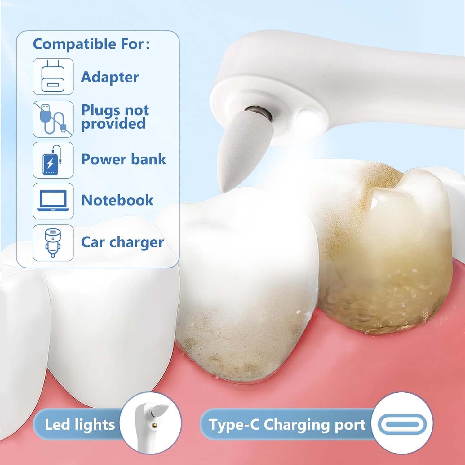 Teeth Polisher Kit: 6 Heads, 5 Speed Modes - for Teeth Cleaning Tools, Suitable for Daily Home Use,USB Rechargeable Teeth Whitening Kit with LED Light