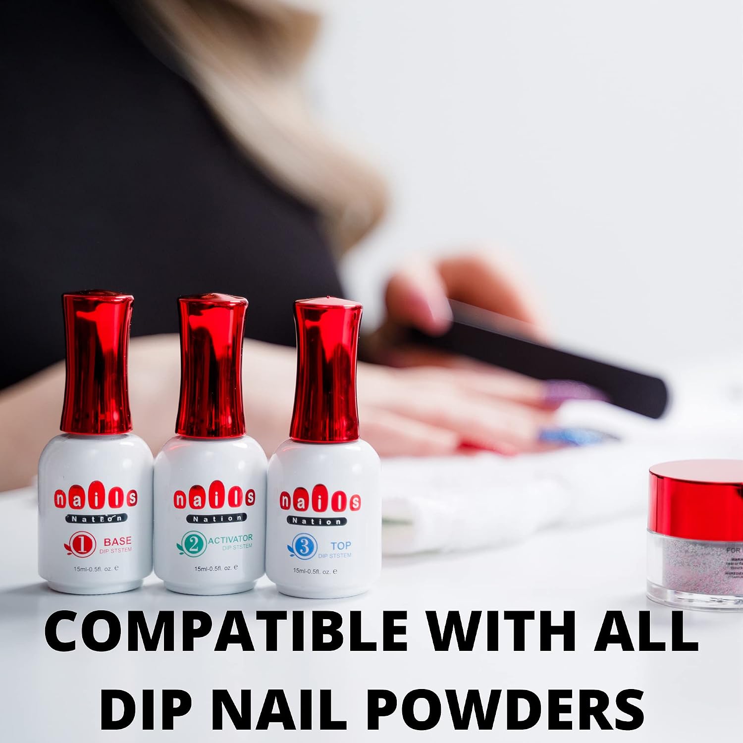 Dip Powder Base Activator and Top Coat Liquid Set for 21 Days of Vibrant Nails - No UV or LED Needed - Nail Dip Powder Liquids Set 15 ml - Cruelty-Free Formula