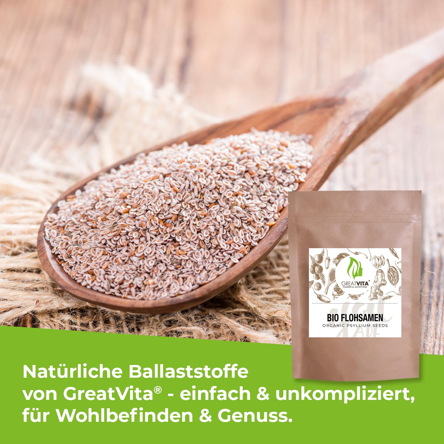 GreatVita - Semillas de psyllium orgánicas (2 x 1000 g, 99% puras enteras, calidad orgánica certificada de la India, ricas en fibra y sin gluten, veganas, ideal para una dieta saludable)