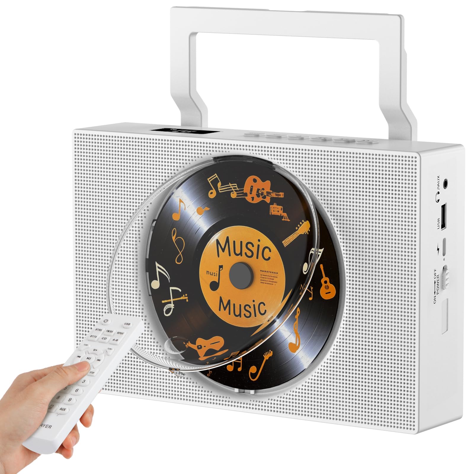 Lecteur CD Bluetooth Radio FM avec Poignée Haut-parleurs Télécommande AUX 3,5 mm Prise Casque USB Type-C Lecteur MP3