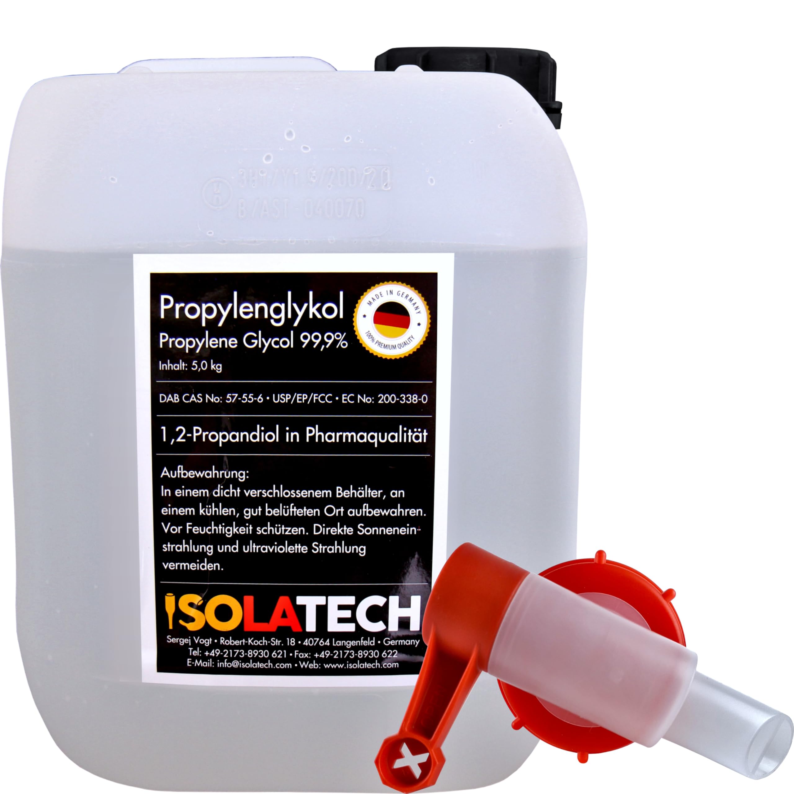 ISOLATECH Propylène Glycol 5L 99,9% Qualité Pharmaceutique | Pour Alimentation & Cosmétique | Incolore, Inodore | 1,2 Propanediol en Bidon | Avec Robinet de Soutirage SABEU Fluxx