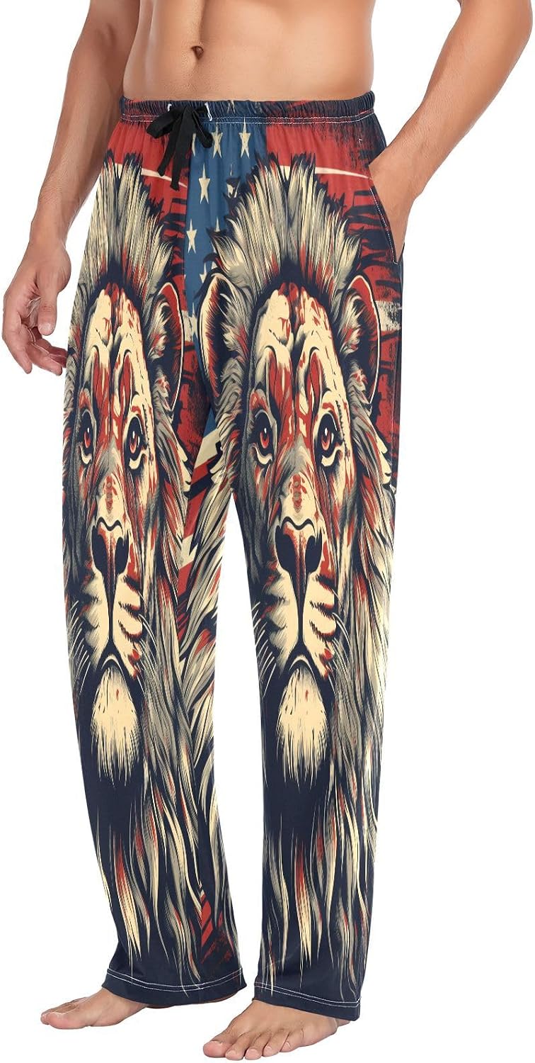 ALAZA Lion American Flag Men's Pajama Pants Men Cotton Pajama Bottoms with Pockets, S