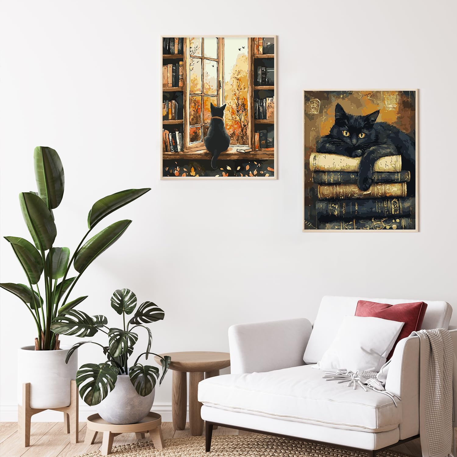 Possoco 2 Pack Paint by Numbers Kit for Adults Beginner, Black Cat Adult Paint by Number Kits on Canvas, DIY Acrylic Vintage Books Number Painting for Adults for Home Decor Gift 16x20 Inch