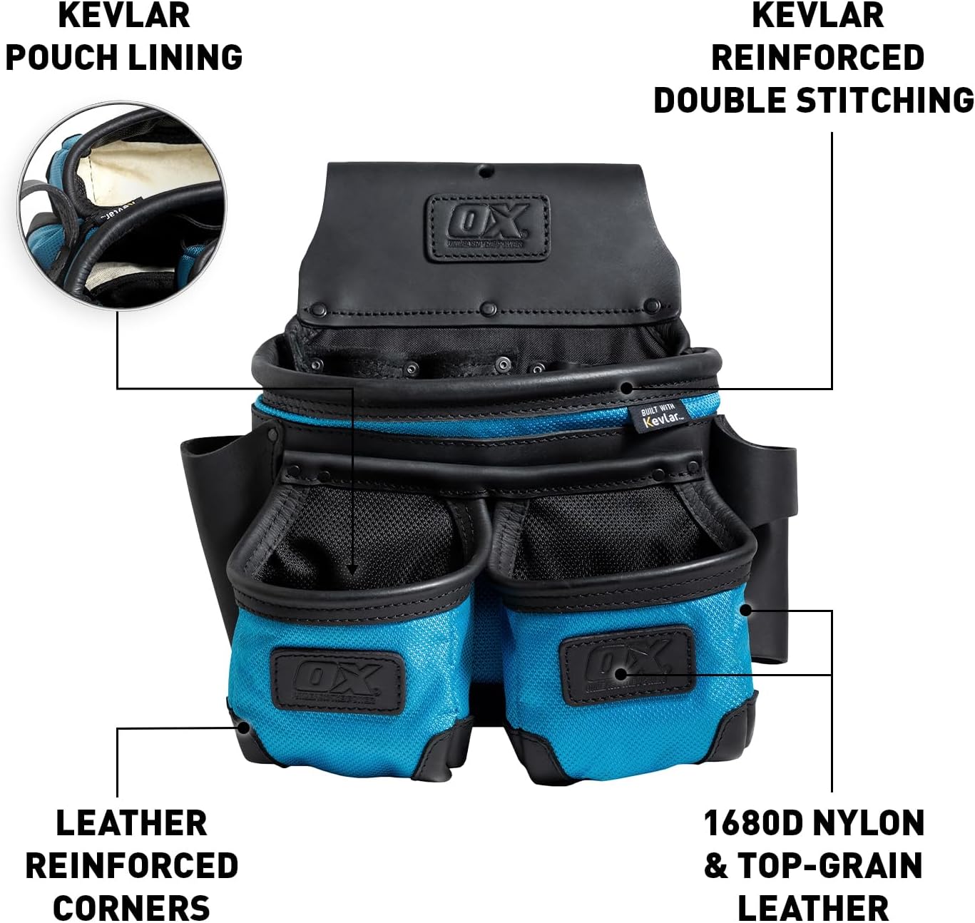 OX Tools 3-Pocket Leather & Nylon Framer Pouch Built with Kevlar - Water Resistant Leather Tool Pouch Hammer & Tape Holder - Tool Pouch for Carpenter Tools Fits 2" to 3"Carpenter Tool Belt OX-U268505