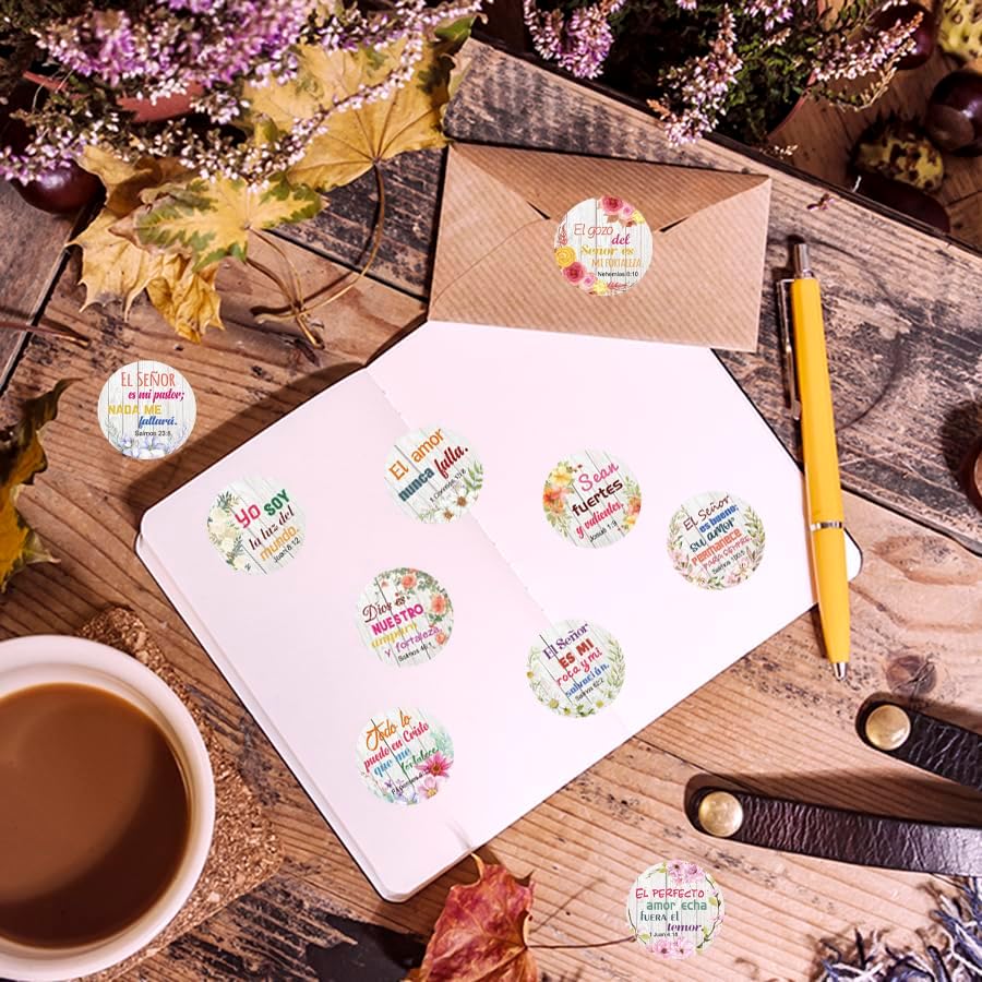 500 Pcs Spanish Bible Verse Stickers Roll, Inspirational Christian Quote Stickers, Floral Round Labels for Packaging, Journals, Envelopes and Daily Encouragement