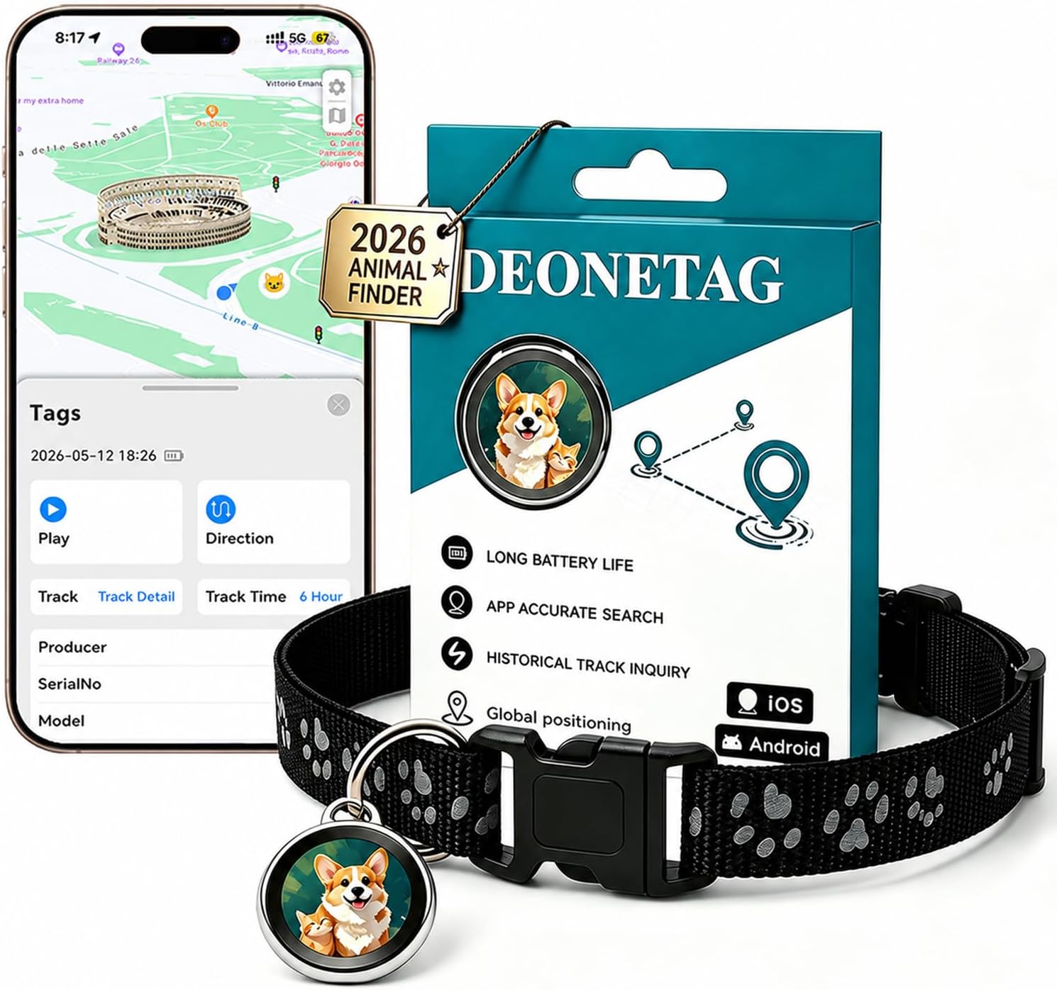 Rayibmi mini cat tracker collar with reflective strips in black