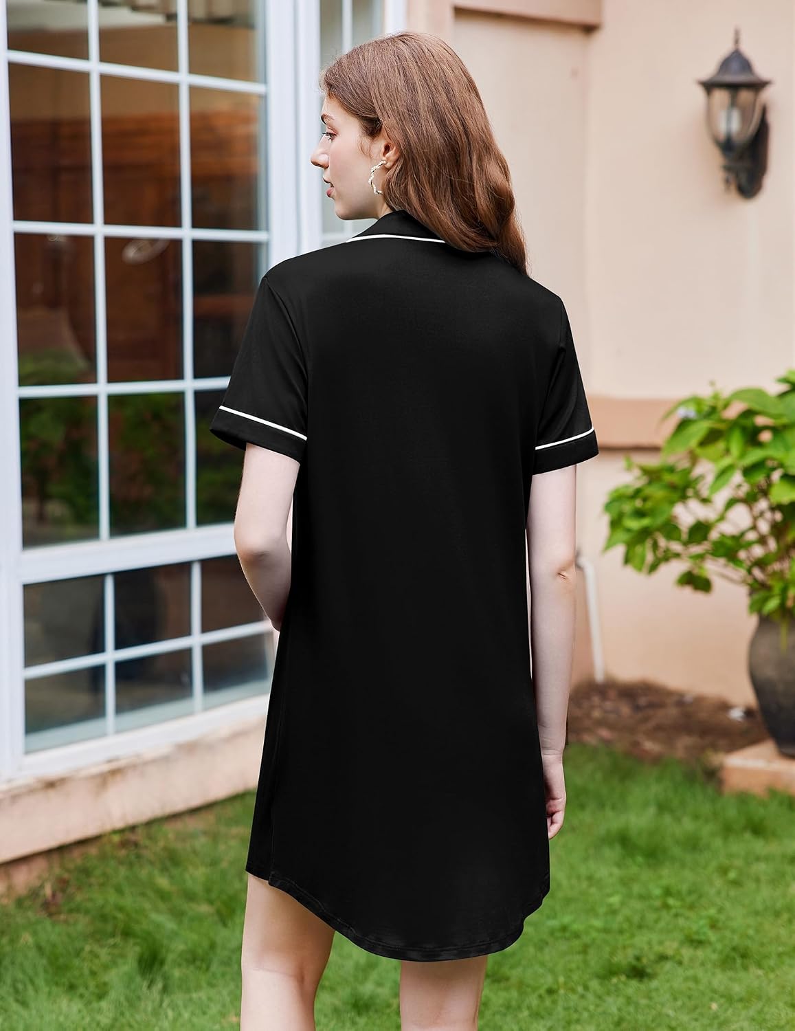 Ekouaer Button Down Nightgown, Short Sleeve V Neck - Image 3