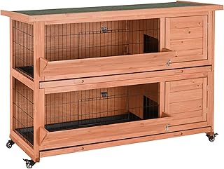 PawHut Outdoor Rabbit Hutch with Wheels, Quick on-The-Go Feeding, Wooden Rabbit Cage, Waterproof, Medium