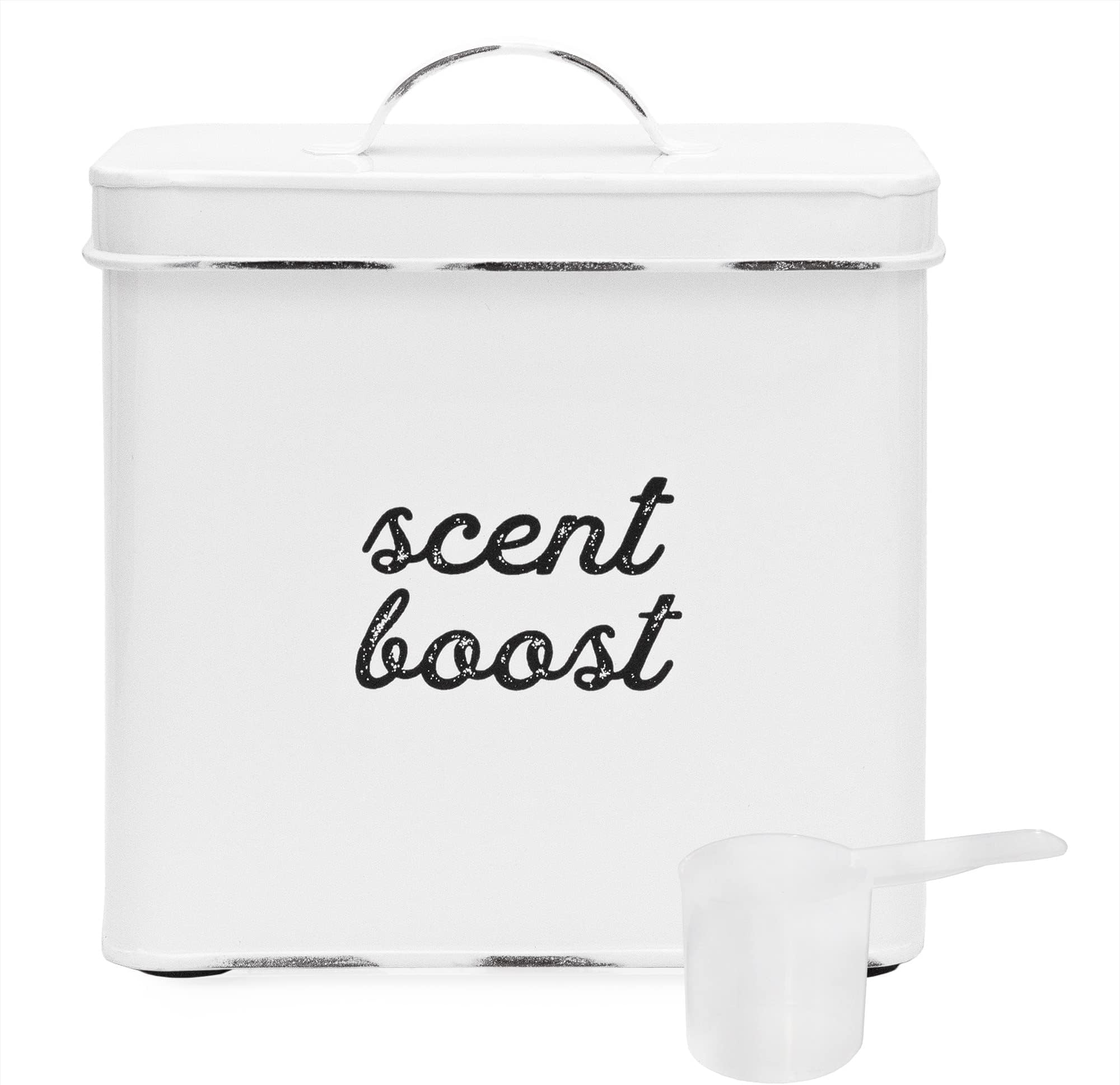 AuldHome Design Laundry Scent Booster Storage Container (White), Enamelware Canister Dispenser for Clothing Fragrance Beads