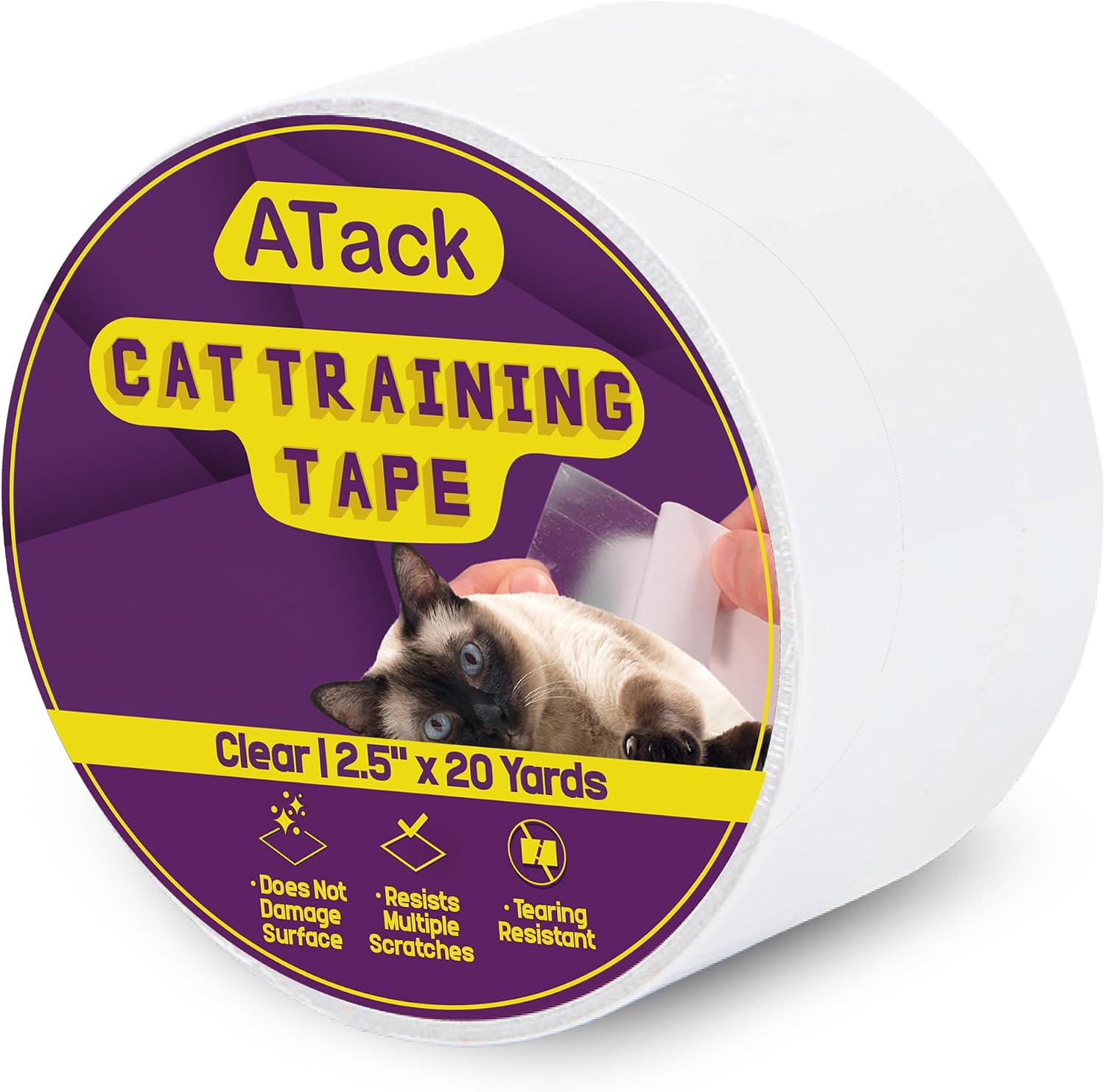 ATack Cat Anti-Scratch Training Tape, Residue-Free and Removable, Clear, 2.5-Inches x 20 Yards, Kitty Scratch Deterrent, Prevention Tape and Protector for Leather Couch, Furniture, Door