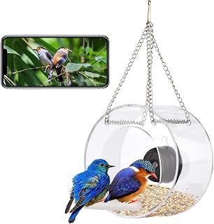 Benkeg Clear Window Bird Feeder with Wifi Camera Suction Cup, Smart Transparent Round Birdfeeder with 16GB TF Card Photo Taking Video Recording IR Night Vision, Outside Birdhouse for Close Up View Out