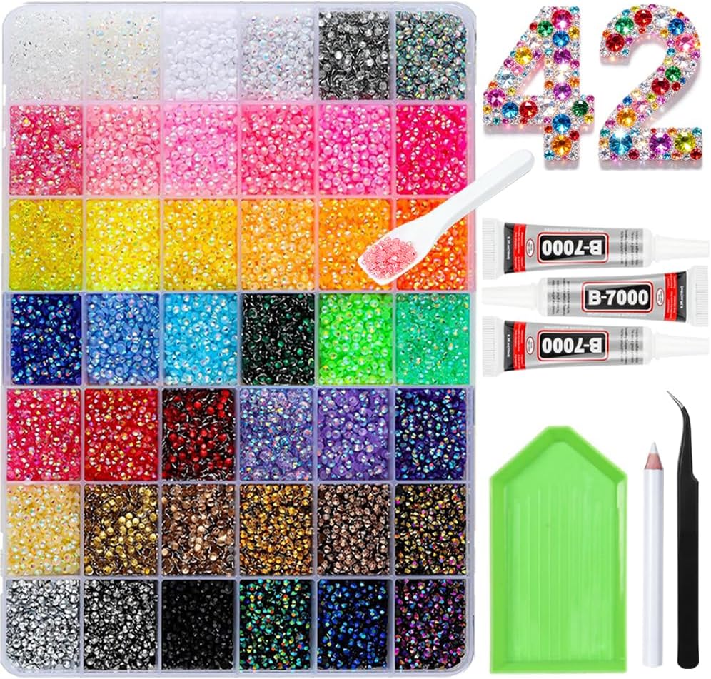 23800Pcs Jelly Rhinestones for Bedazzling, 42 Colors 3mm Flatback Resin Gems, Bedazzler Kit with 3Pcs B7000 Glue, Multicolor Rhinestones for Nails, Clothes, Shoes, Tumblers, DIY Crafts & Diamond Art