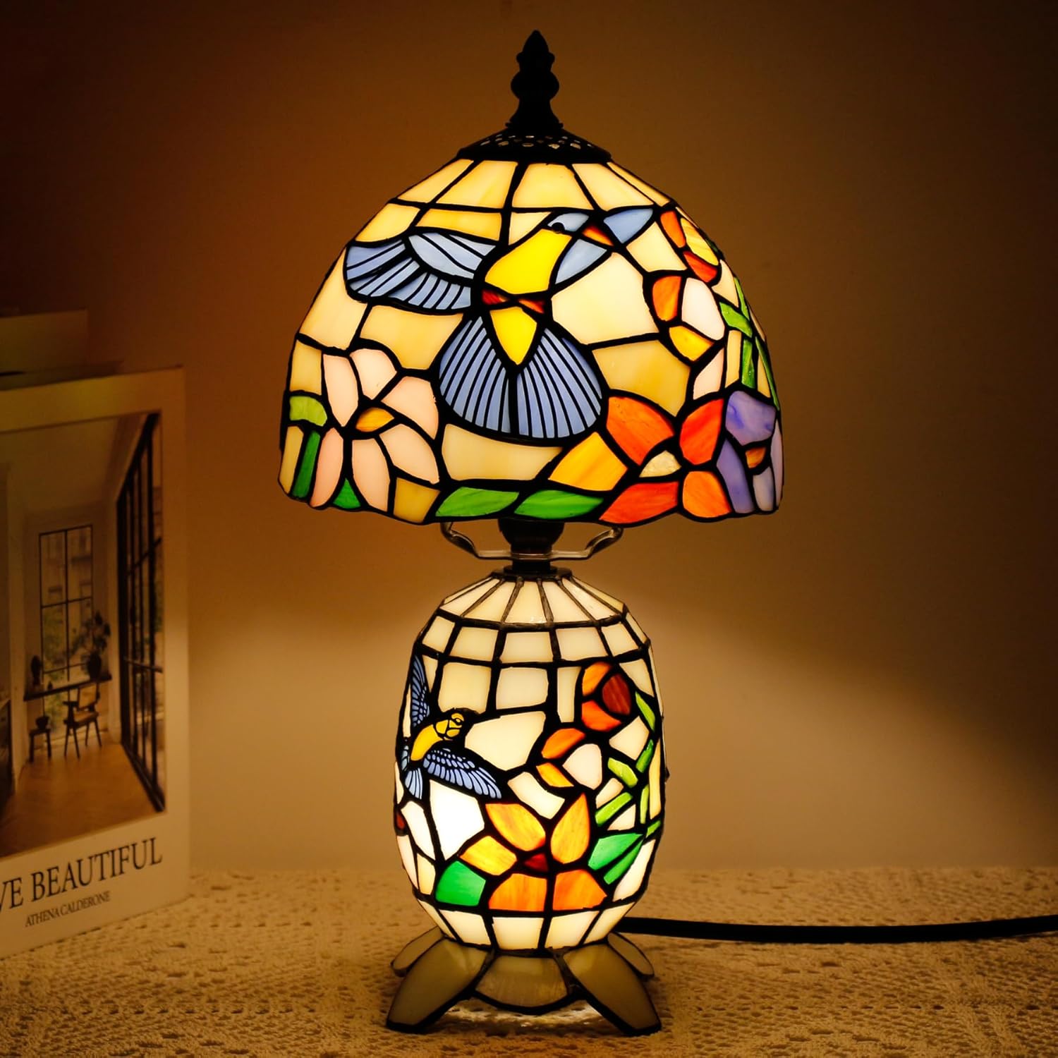 Small Tiffany Lamp Stained Glass Table Lamp Mini Mother Daughter Vase Desk Accent Light for Bedroom Bedside Reading Home Antique Style Decor 8X14 Inches (Hummingbird)