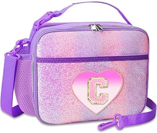 RHCPFOVR Kids Initial Lunch Bag - Insulated Lunch Box for Boys Girls,Washable Lunch Bag and Reusable Toddler Leak-proof Lunchbox for School and Daycare Purple C