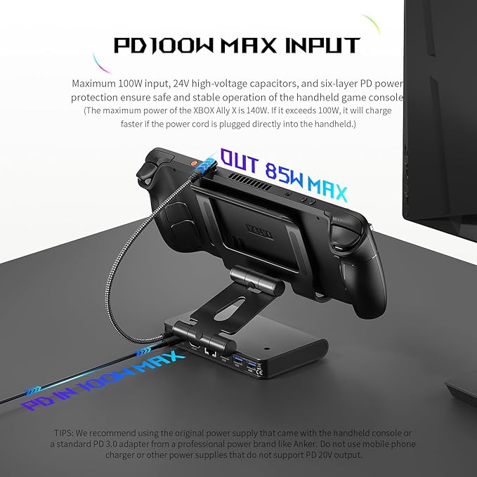 Estación de Acoplamiento y Base con Ventilador Dual Magnético Desmontable para Xbox ROG Ally X/Ally/Switch2/Steam Deck/Legion Go/MSI Claw, Hub USB, HDMI 4K@144Hz, Carga PD100 miniatura 5
