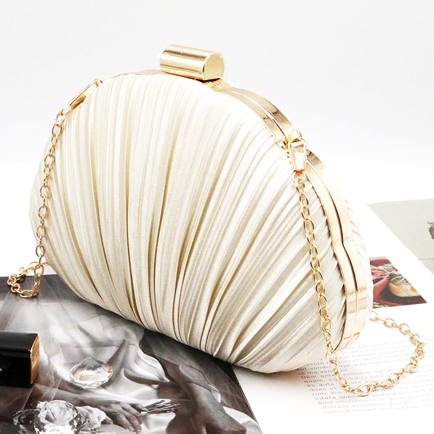 Shell Shaped Clutch Purses Ruched Shell Purse for Women Elegant Evening Handbag Chain Shoulder Bag Wedding Party