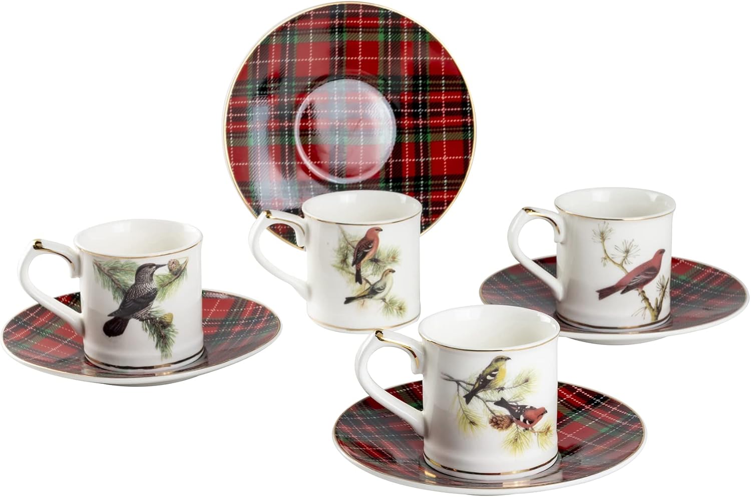 Gracie China by Coastline Imports Winter Birds Set of 4 Espresso Cup and Saucer, 2.5-Ounce, Red