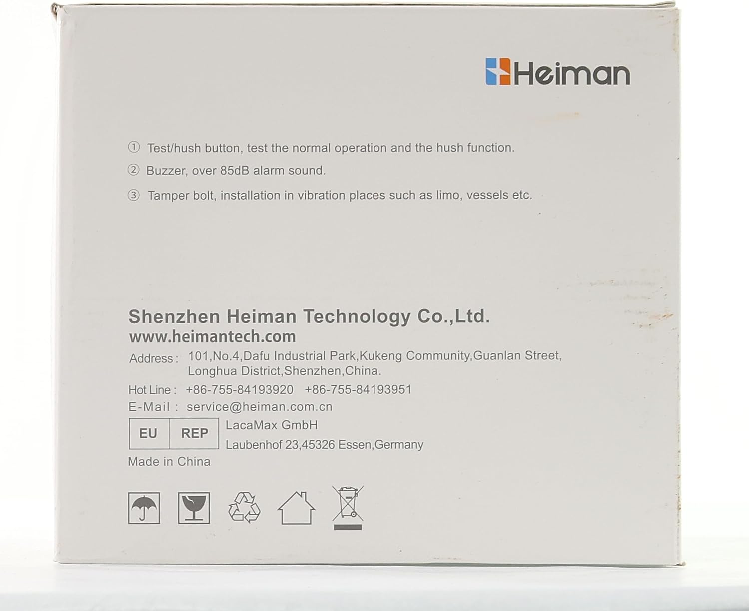 Back of the product box showing contact information for Shenzhen Heiman Technology Co., Ltd.