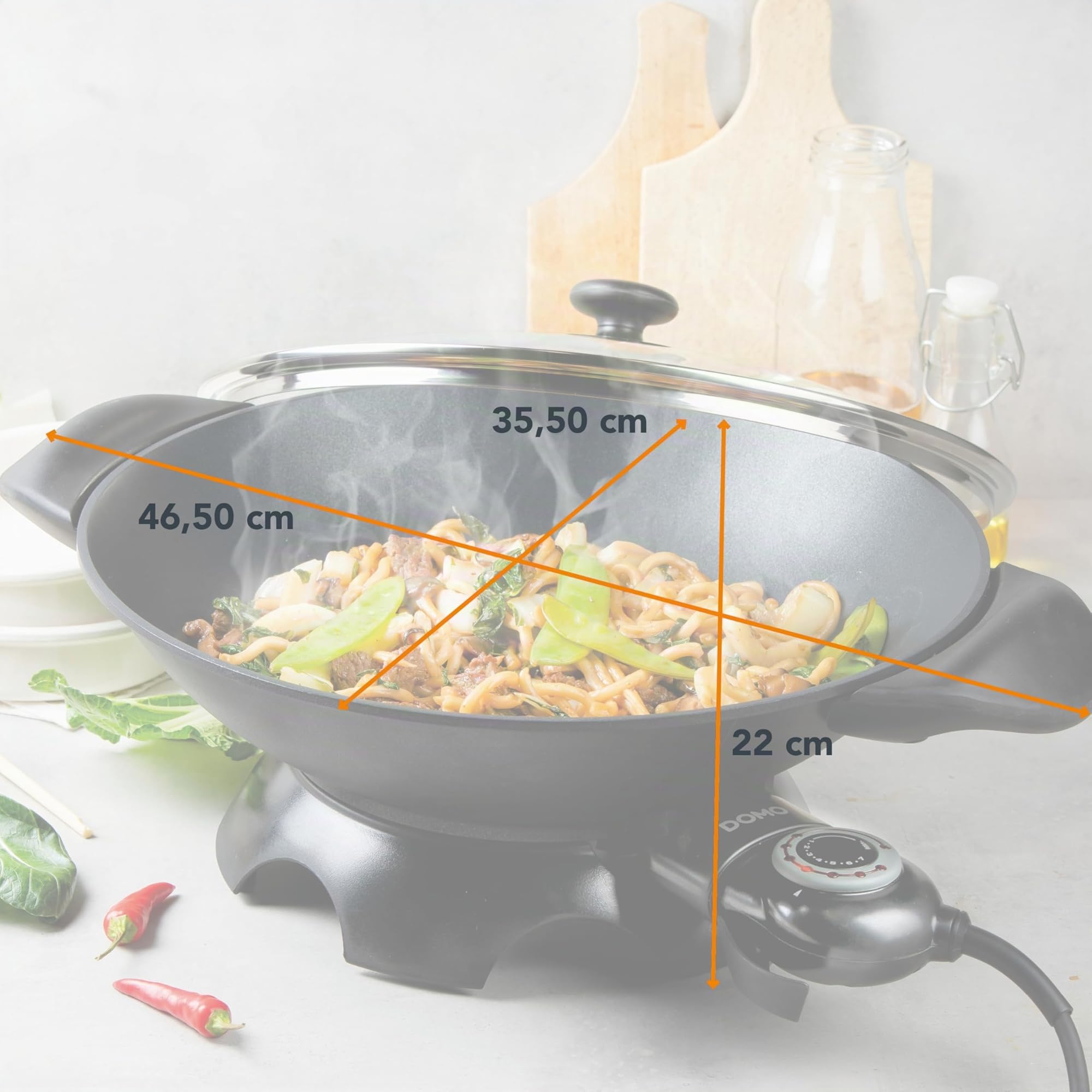 DOMO DO8708W Elektrischer Wok mit Glasdeckel - 5 Liter - Schwarz - Antihaftbeschichtung - Gegossenes Aluminium
