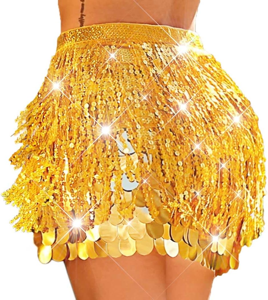 Unicra Gold Sequin Skirt Sparkly Fringe Skirt Glitter Belly Dance Hip Scarf for Women