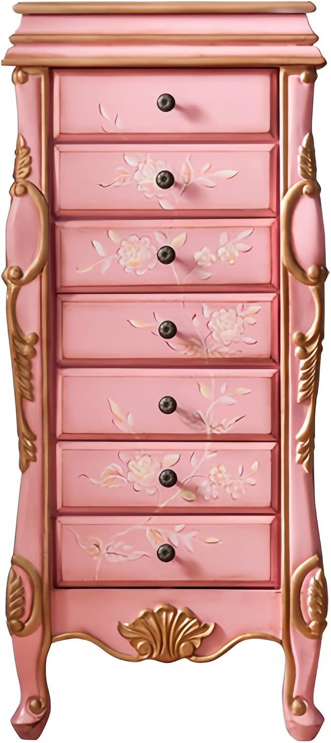 Standing Jewellery Cabinet Storage Chest with 7 Drawers, 2 Side Doors, 12 Necklace Hooks, Make-up Mirror and Top Divided Storage Organiser, Large Standing Cabinet (Brown&Blue)