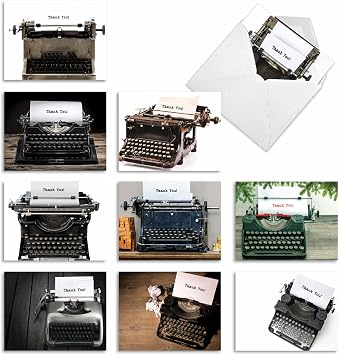 The Best Card Company - 10 Thank You Note Cards with Envelopes 4 x 5.12 Inch - Vintage Typewriter Greeting Cards - Manual Thanks M2968