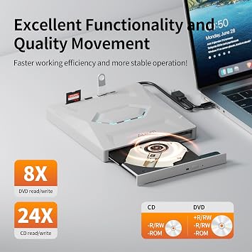 Alxum USB DVD Drive External - Type-C USB 3.0 CD Burner with SD Slot & USB Ports DVD 8X CD 24X Super Fast Speed DVD Player for Laptop/PC/Window/Mac OS/Linux/Vista