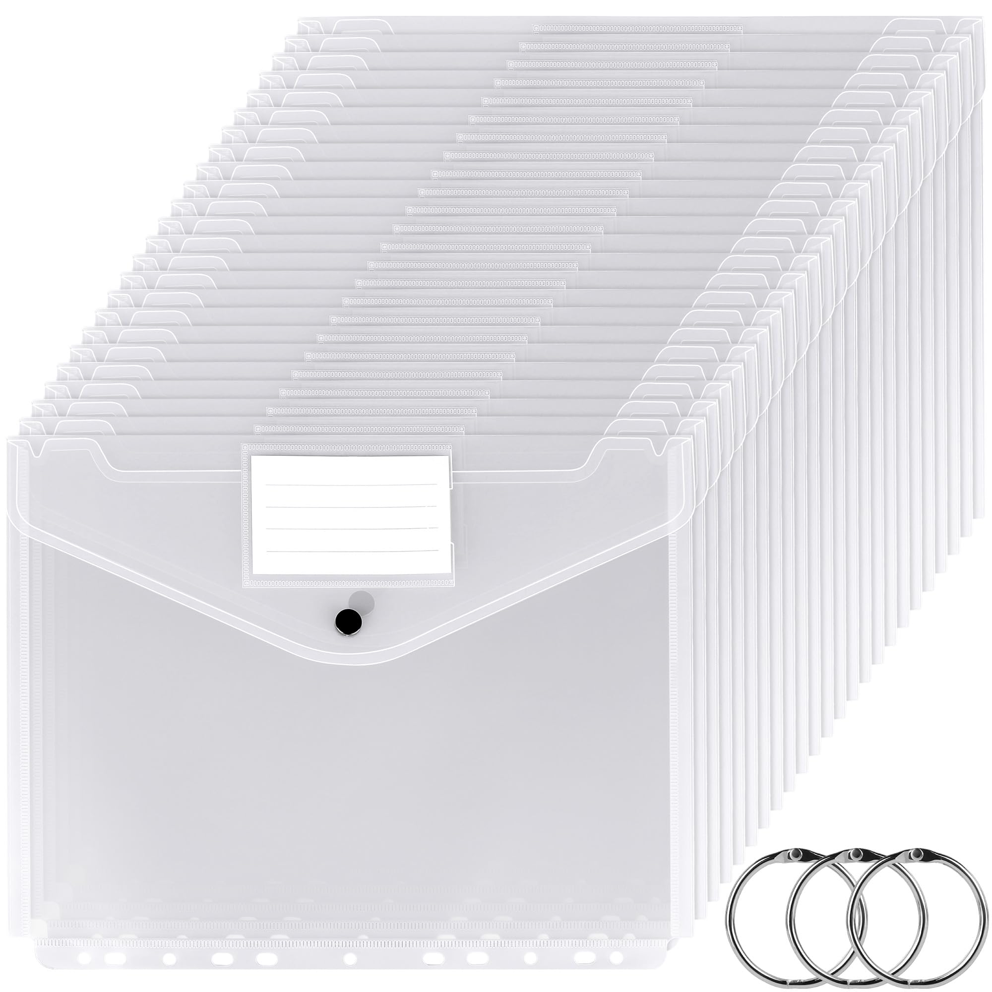 Vertical Punched Pockets A4 Plastic Wallets 24 Pack A4 Folders Wallets Plastic Document Files Popper Wallet with Pocket, Tab Card and 3-Ring Binders for School, Office, Home and Travel (Clear)