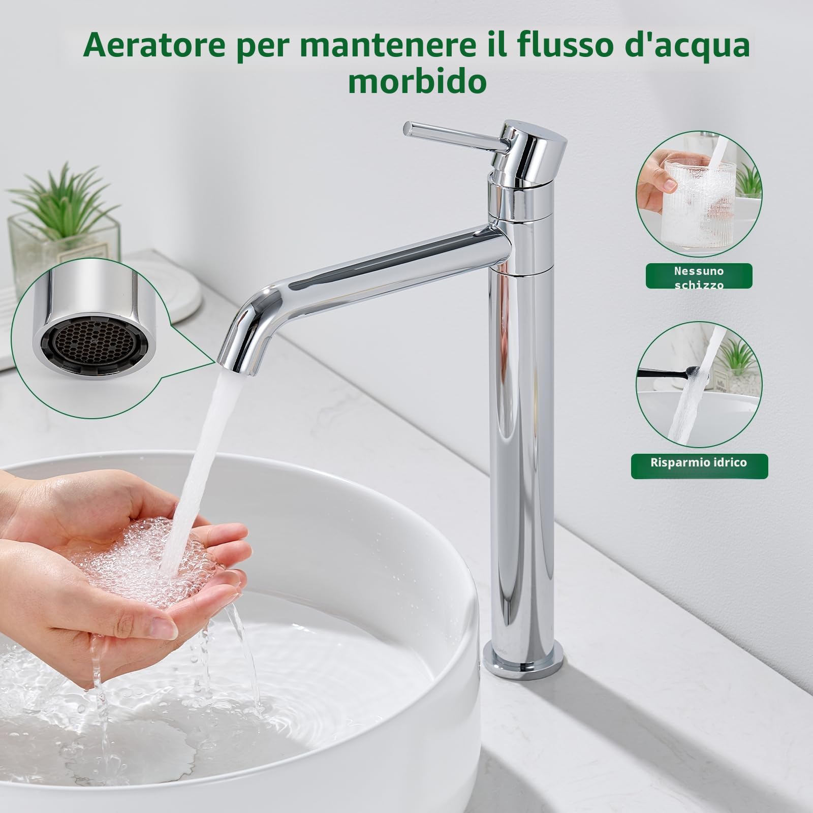 Rubinetto per Lavabo Alto, Rubinetto Bagno con Bocca Girevole a 360°, Miscelatore Monocomando per Lavabo da Appoggio, Rubinetto Bagno Alto, Cromo
