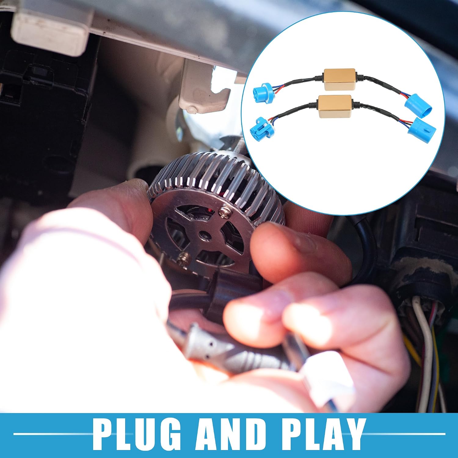 Hands installing an LED headlight and connecting a Canbus decoder