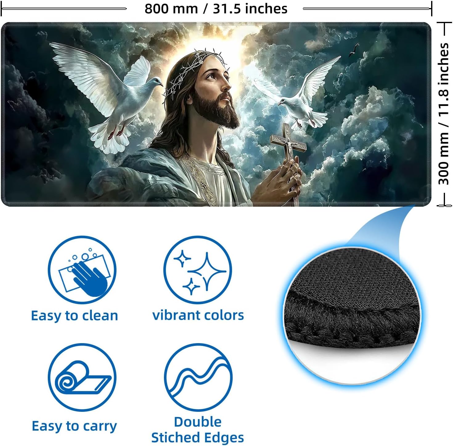Large Desk Mat with Stitched Edges, Jesus with White Doves Office Desk Pad, Anime Gaming Mouse Pad, Extended Keyboard and Mouse Mat,31.5x11.8 inch Waterproof Desk Writing Pad for Office and Home