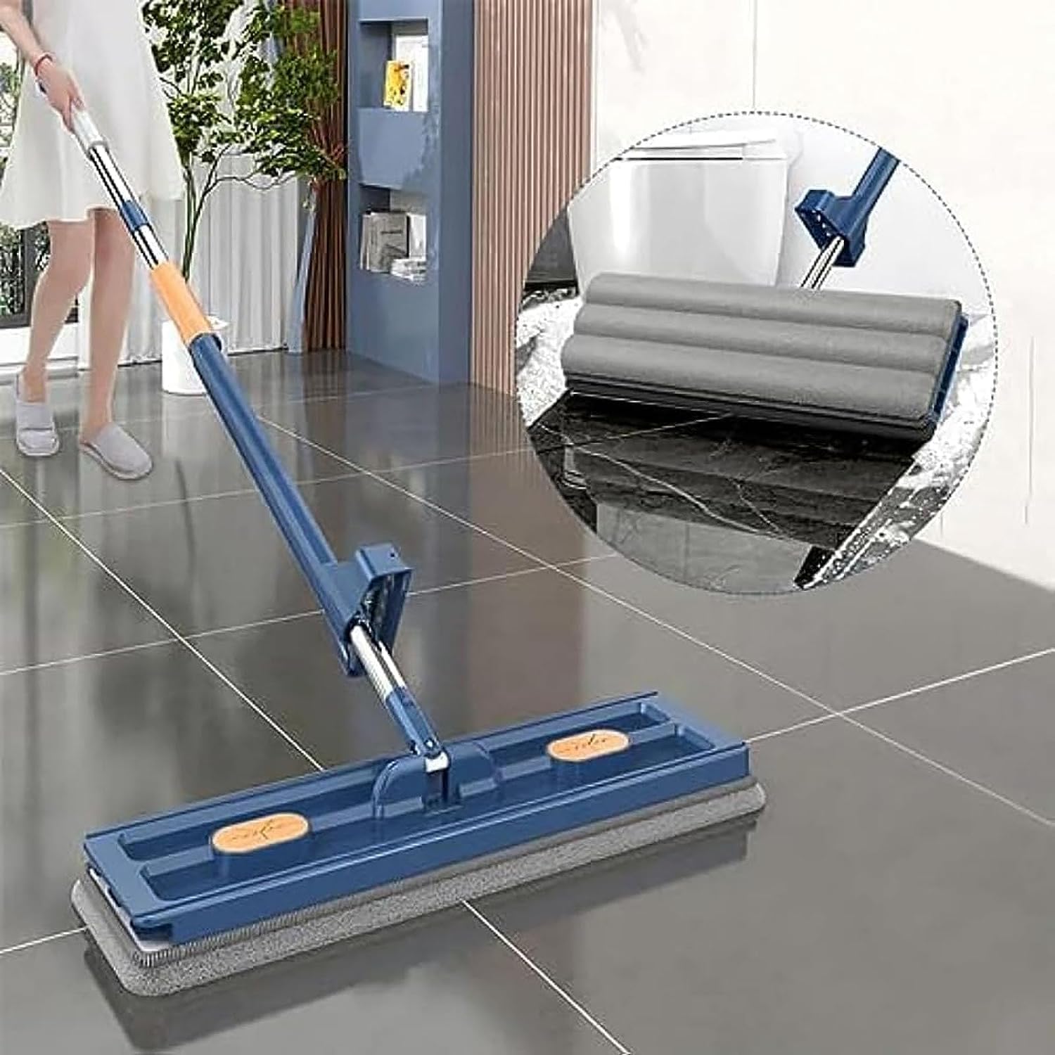 Trapeador plano grande, mopa de microfibra autoescurrible con almohadillas de microfibra, rotación de 360 grados en húmedo y seco para limpiar el suelo, incluye fregona y 4 paños con cubo