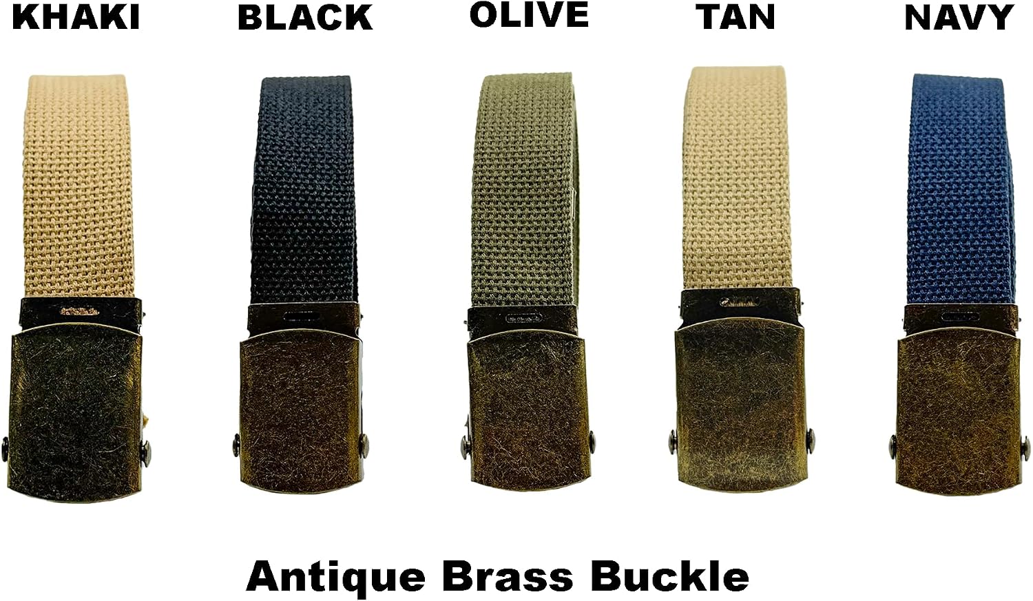 Canvas Web Belt for Men, 5-Pack – 58” Military Style Cut-to-Fit Heavy Duty Cotton Belt with Metal Buckle