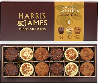 Harris & James Salted Caramels Collection 12 Piece Selection Box. Handmade Luxury Chocolates. White, Milk & Caramelised Chocolate Triple Salted Caramel 180g