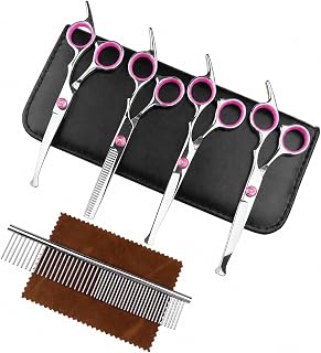 Newaner Professional Dog Care Scissors, Stainless Steel Dog Scissors with Round Safety Tips, with Thinning Scissors, Curved Scissors, Straight Scissors, Comb, Purple