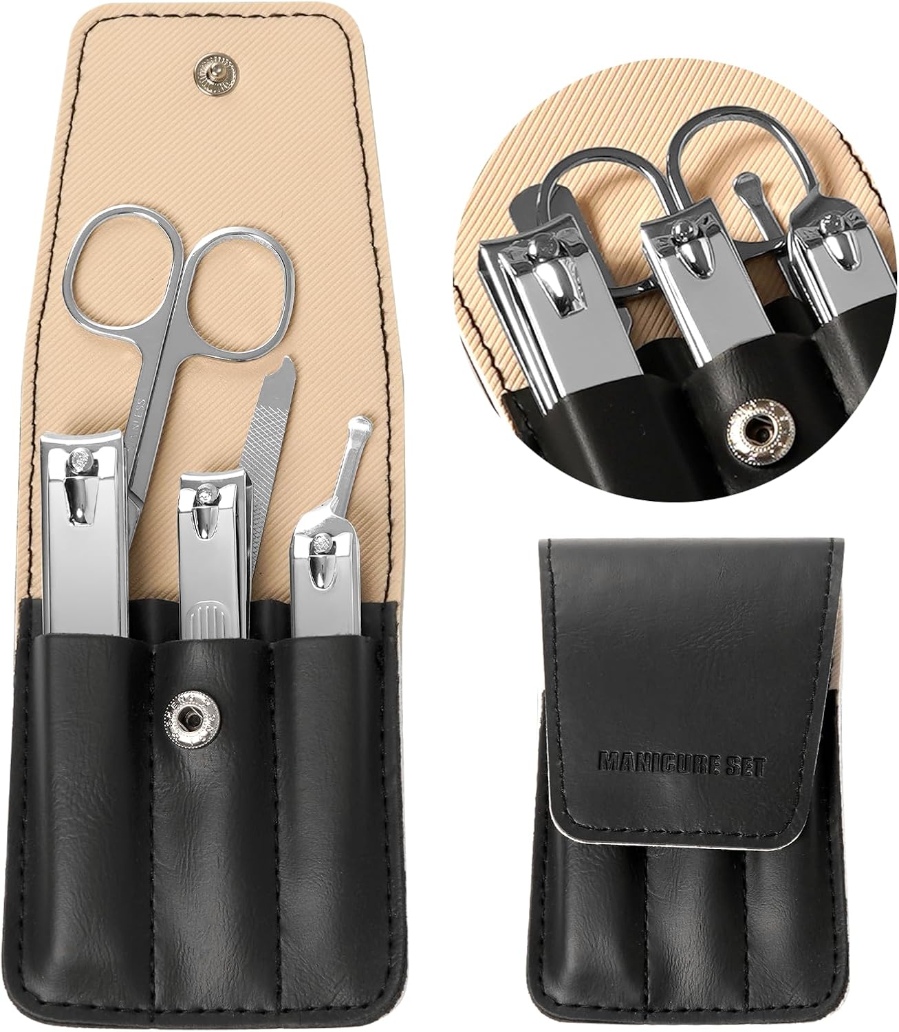 Premium Stainless Steel Nail Clippers Set – Travel Grooming Kit, 6pc Manicure/Pedicure Tools with PU Case – Unisex Gift for Men and Women(D-Black)
