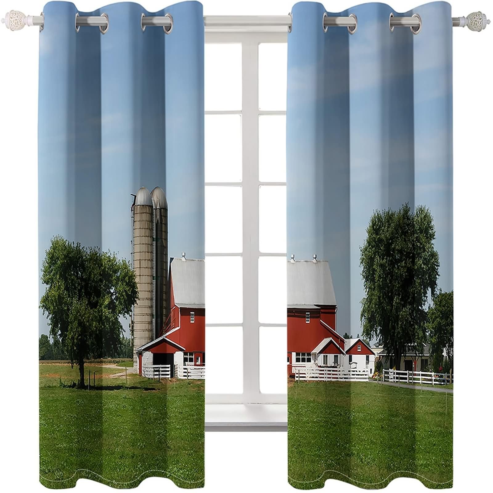 Zasłona okienna, zasłona do salonu niebieski zielony czerwony krajobraz łąki i drzewa poliester 2 panele 192 x 214 cm