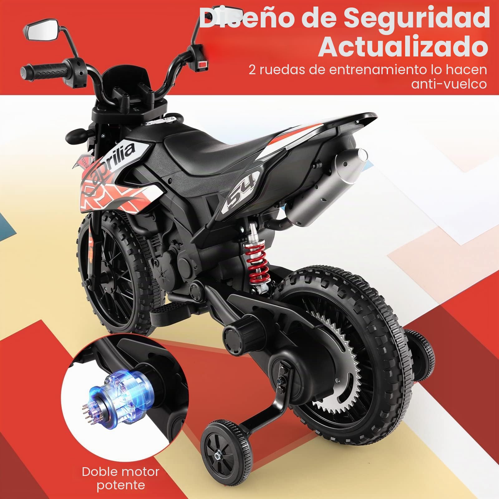 RELAX4LIFE 12V Aprilia Moto Eléctrica Niños con 2 Ruedas Auxiliares, Velocidad 5,5-6KM/H, Moto Infantil con Luces, Música, Faros, Marcha Adelante, USB y MP3 para Niños 3-8 Años, Carga 25kg (Rojo)
