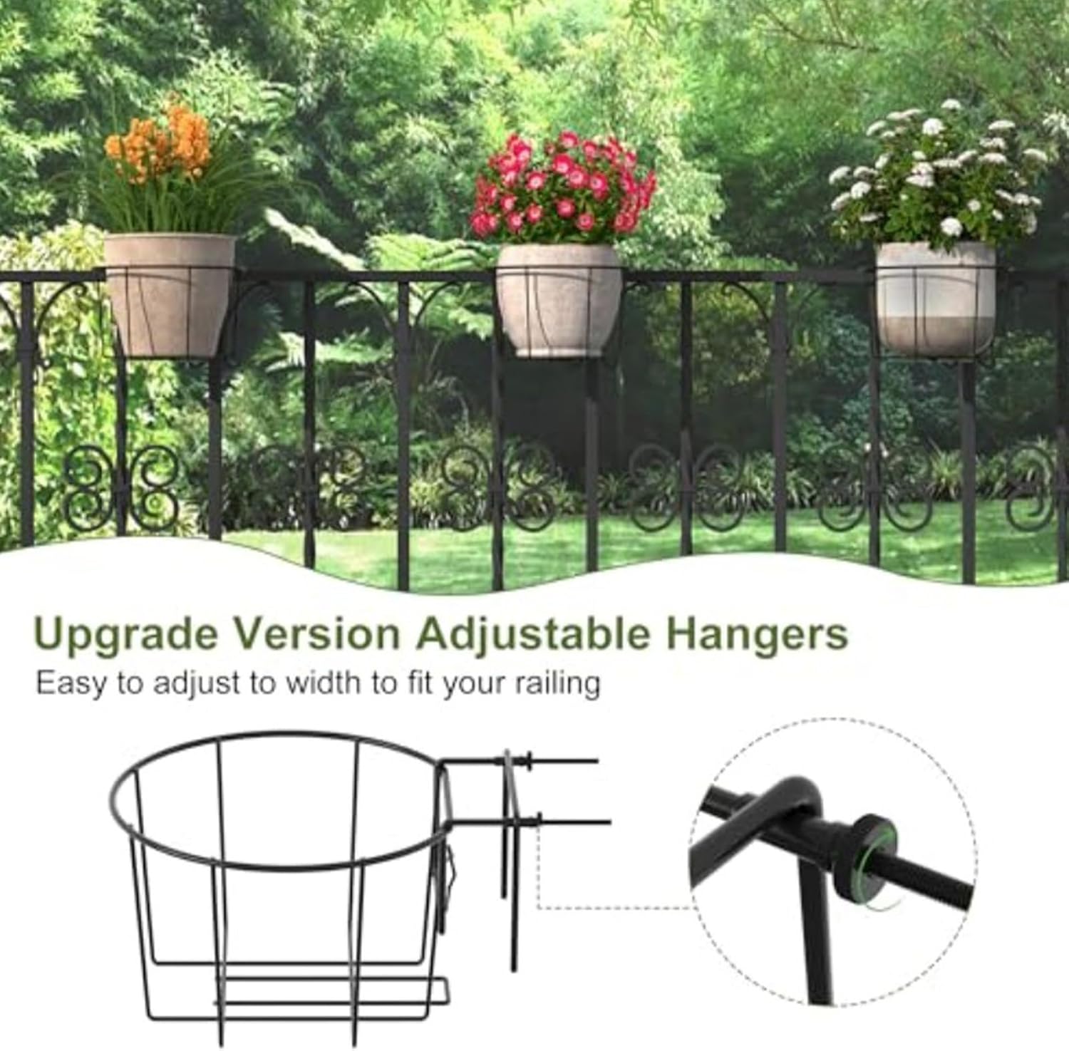 Balcony Fence Flower Pot Hangers, 3-Piece Adjustable Metal Railing Planter Holder Basket Fits 3 to 5.5 Inch Pole, for Outdoor Garden, Patio, Home Display