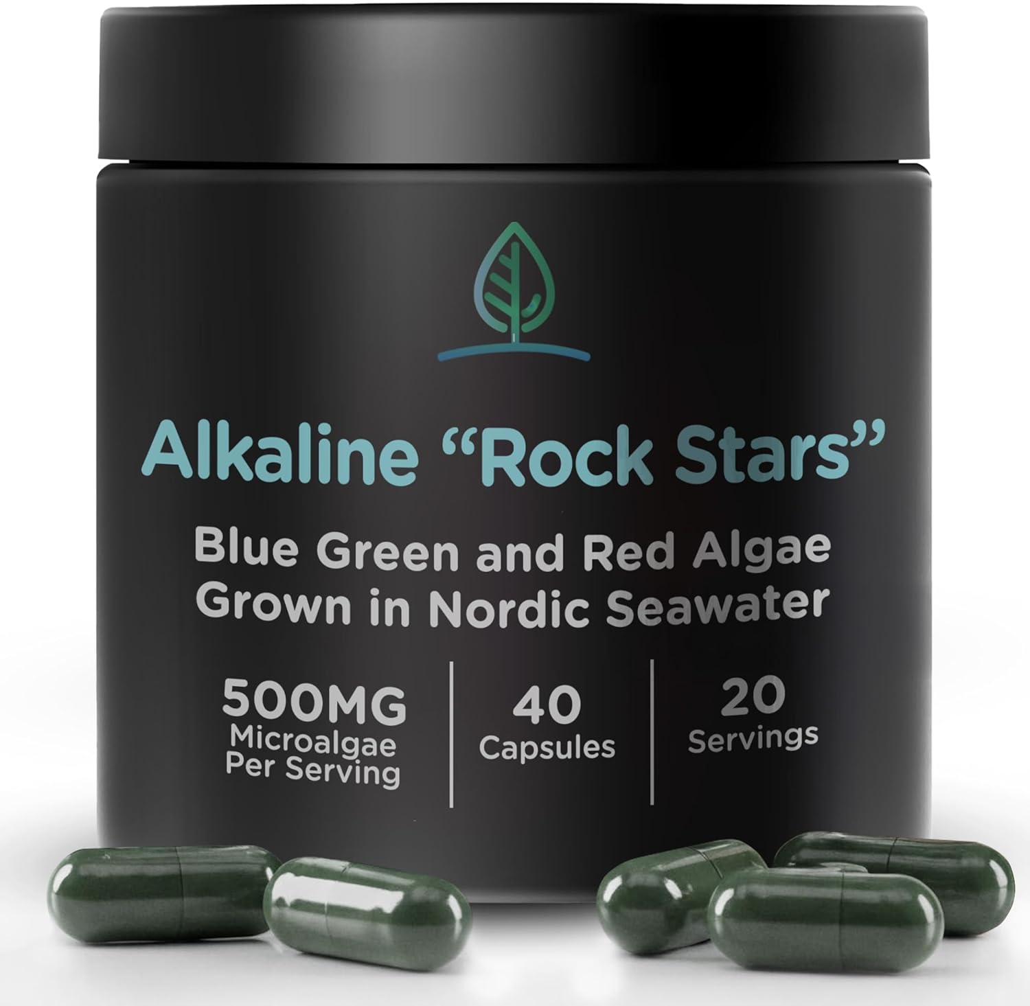 Alkaline Rock Stars Blue Green & Red Algae Supplement - 500mg | Pure Marine Phytoplankton Plus Astaxanthin | Rich in Antioxidants, Chlorophyll, & Vegan Omega 3's | 30 Day Supply (40 Capsules)