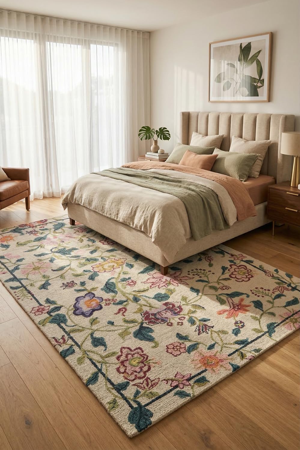 Rug Barn Hand-Tufted Wool Area Rug - 5x7 Ft, Rectangular Floral Vine Carpet in Cream, Teal Green, Blush Pink, Peach, Lavender & Mustard with Minimal Border, Handmade Runner for Living Room & Bedroom