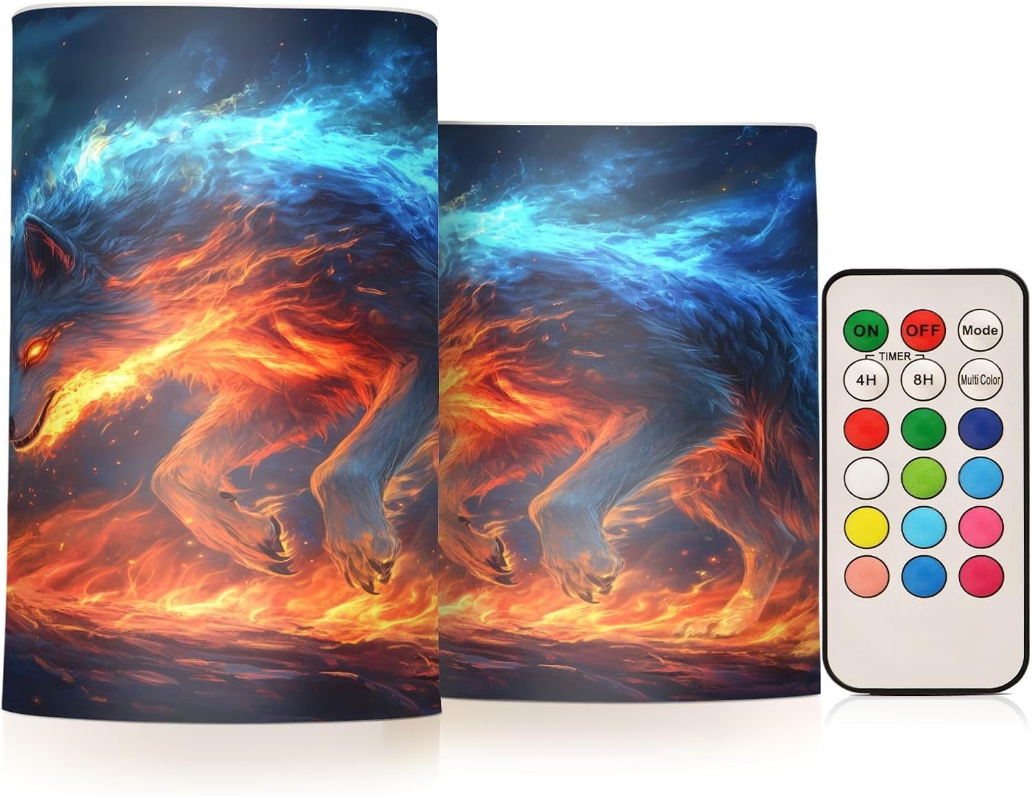 ALAZA Funny Wolf Animal Blue Flickering Flameless Candles Pillar Led Candles Battery Operated Candles with Remote and Timers Set of 2