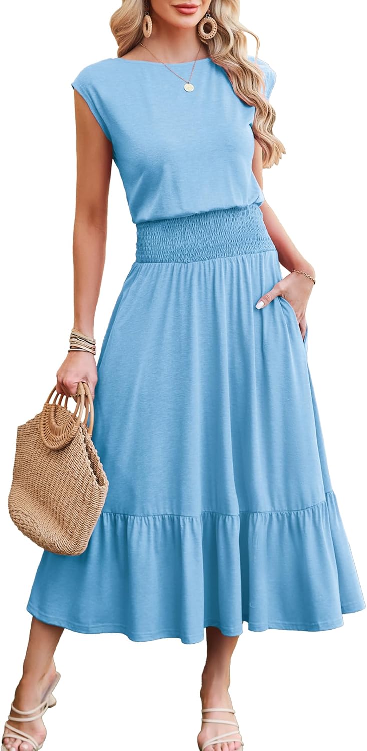 Kikibell Womens Summer Dresses Cap Sleeve Elastic Waist Midi Dress with Pocket Long Causal Sundress Beach Vacation Outfits