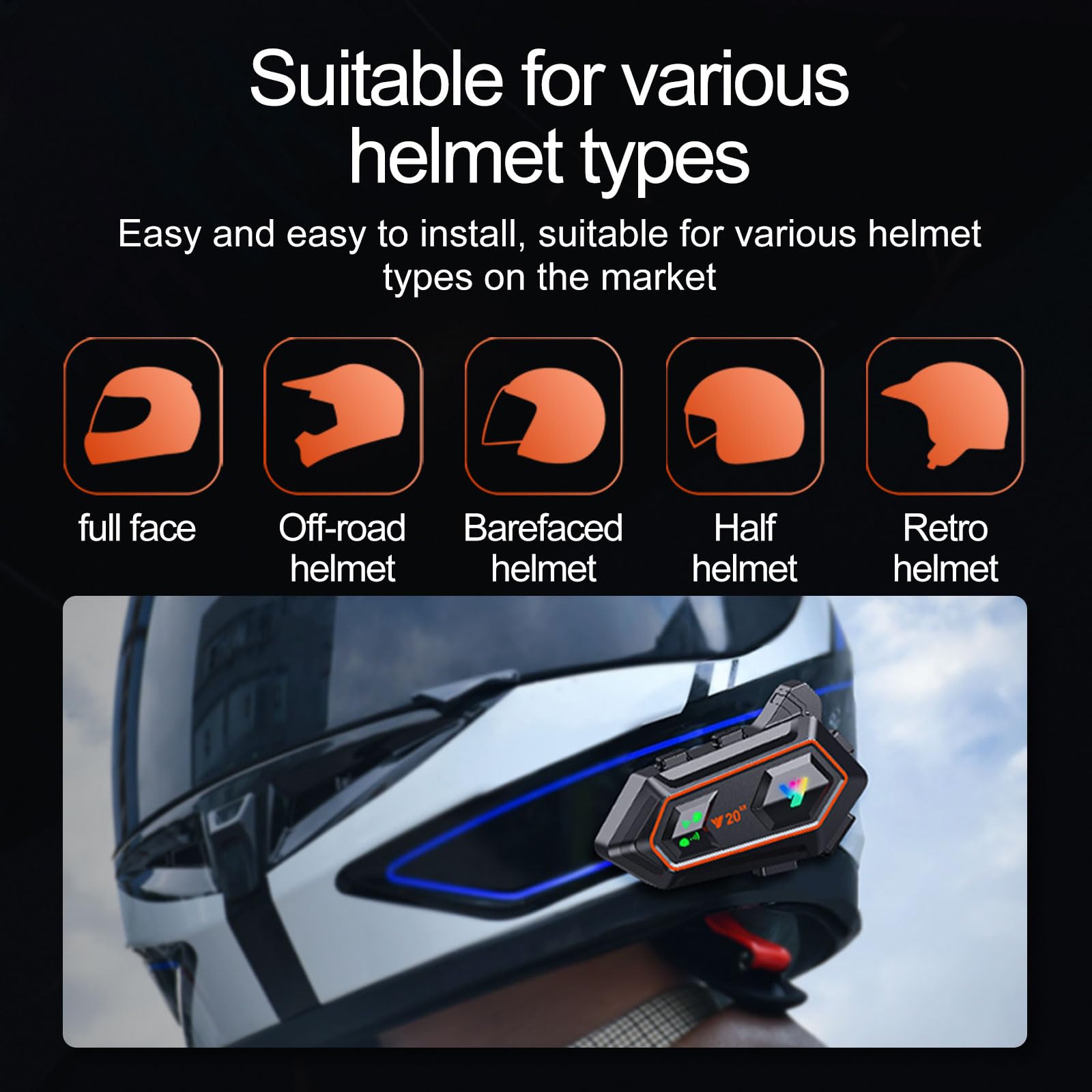 Y20-2X - Auriculares Bluetooth para casco de motocicleta, intercomunicador dual de 100 m, auriculares Bluetooth 5.3, reducción de ruido inteligente, calidad de sonido de nivel HiFi, IPX6