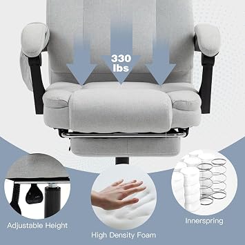 Light Grey Massage Office Chair w/Heat & Reclining | Ergonomic Adjustable Executive Home Desk Chair with Footrest & 6 Vibration Points