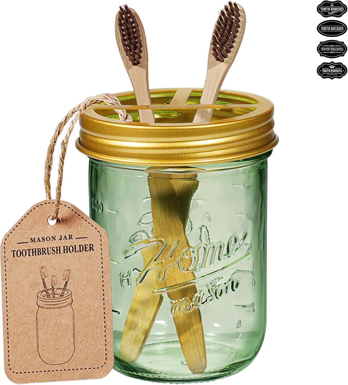 SheeChung 6Pcs Gold Mason Jar Bathroom Accessories Set, Qtip Holder, Soap Dispenser & 1 Mason Jar Toothbrush Holder, Bathroom Essentials, Stainless Steel, Green Bathroom Decor