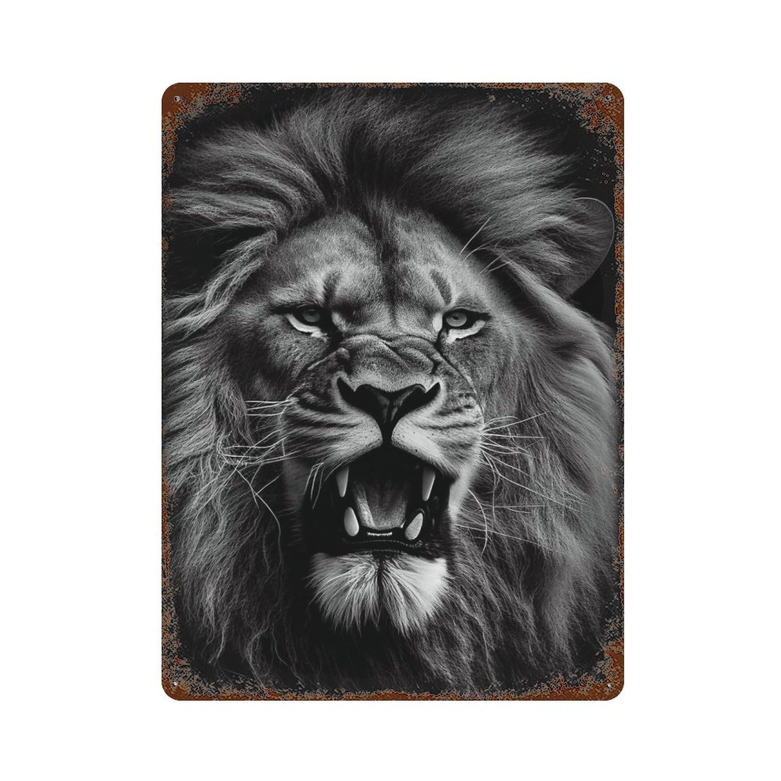 Angry Lion Black And White 15.7"x11.8" Rusty Metal Tin Sign, Novelty Wall Decor for Cafe, Home Bar And Lounge Decor