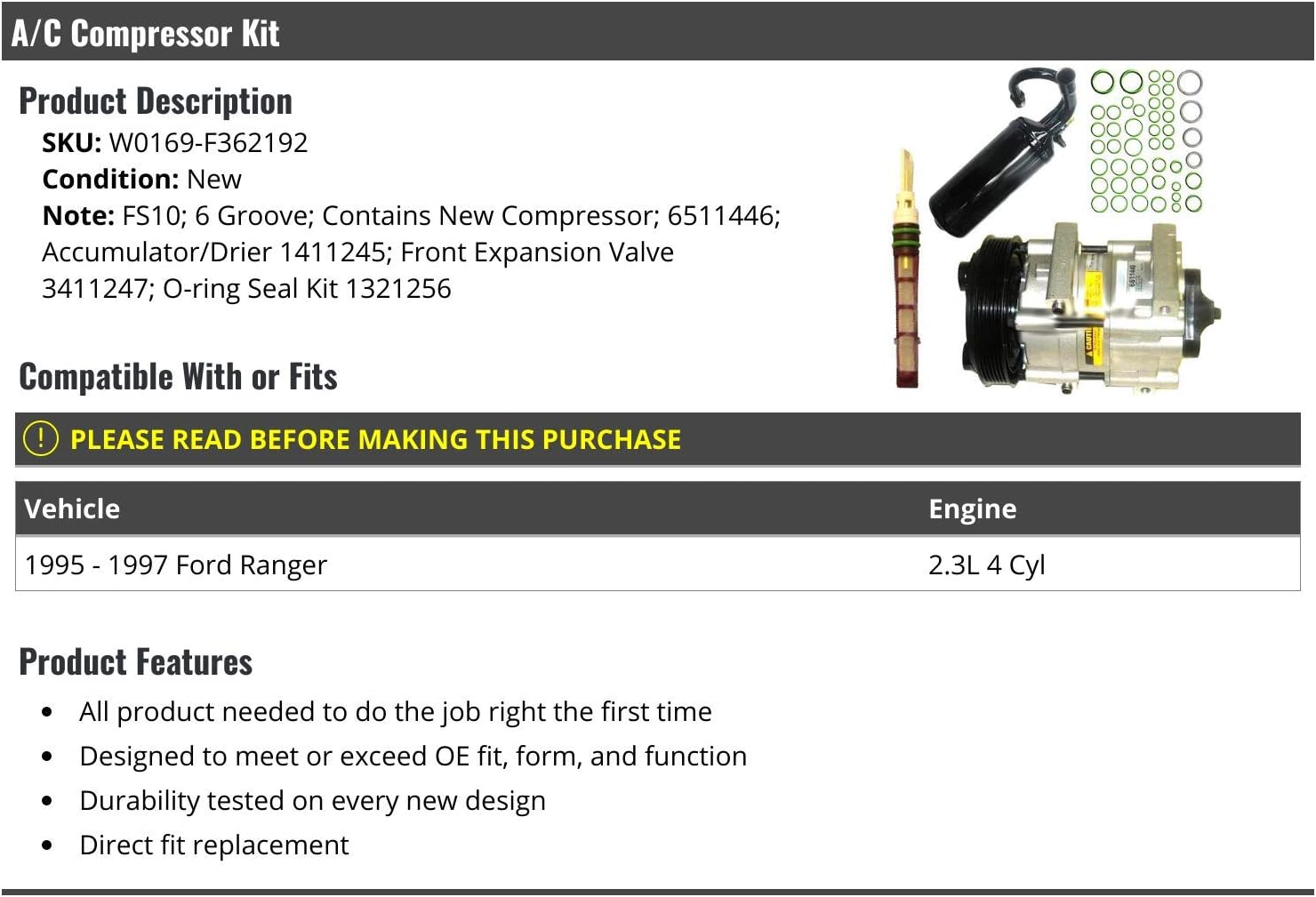 A/C Compressor Kit - 6 Groove - with Compressor, Accumulator/Drier, Front Expansion Valve, and O-ring Seal Kit - Compatible with 1995-1997 Ford Ranger 2.3L 4-Cylinder